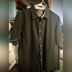 Robert Graham Shirt Mens XL Black Button Up Embroidered Flip Cuff Designer